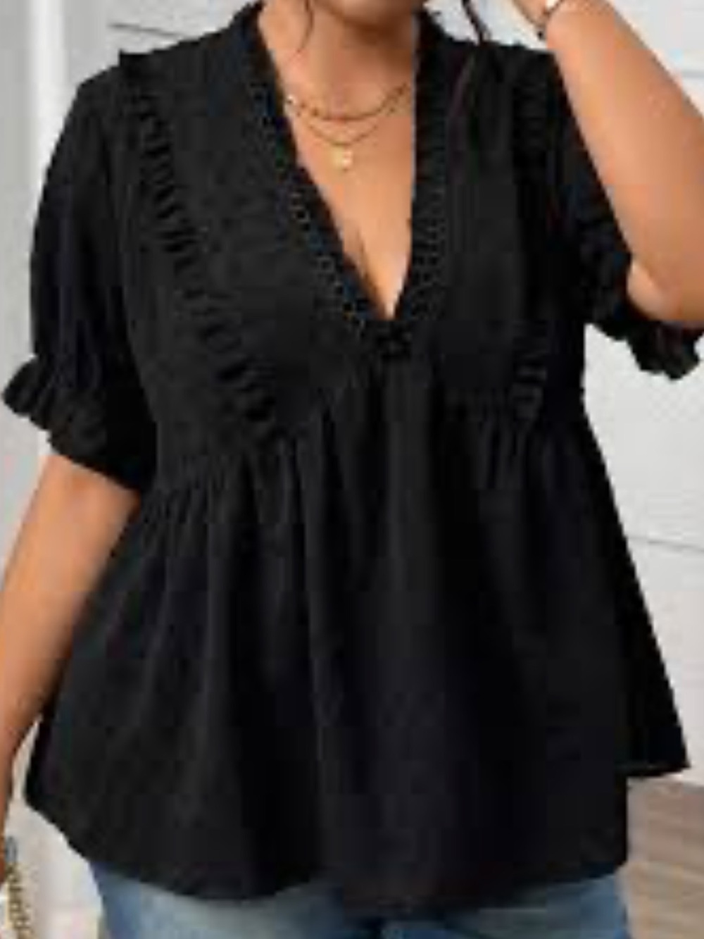 SHEIN Black Frilled V-Neck Peplum Blouse